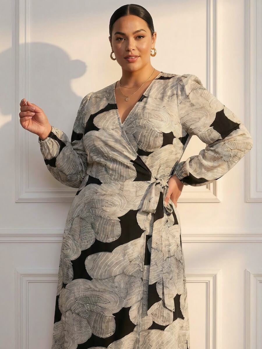 ELLERISSA 大码优雅曲线连衣裙，黑白抽象纹理印花裹身V领系带泡泡袖长袖中长连衣裙，适合职场、约会、度假等场合，是女士曲线连衣裙的理想之选，大码裹身连衣裙，时尚印花中长连衣裙 - 彩色 - 查看 1