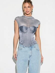 KIZN Débardeur corset en maille avec design de bustier à armature, détail de laçage au dos, top style body sans manches - Bleu ciel - Voir 5