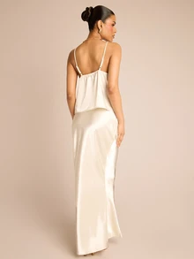 FASHION SZN Womens Satin Maxi Skirt Long Skirts Brunch Outfit Elegant Chic Sexy Holiday Summer Vacation Outfit Evening - Beige - View 2