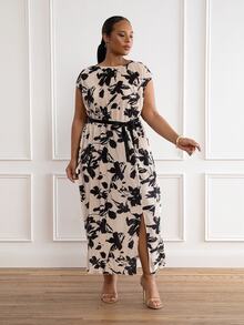 ELLERISSA Apricot-farbenes Midi-Kleid mit Blumenmuster, Kräuselfalten und Gürtel in Große Größen - Aprikosenfarben - Übersicht 5
