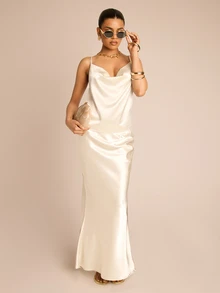 FASHION SZN Womens Satin Maxi Skirt Long Skirts Brunch Outfit Elegant Chic Sexy Holiday Summer Vacation Outfit Evening - Beige - View 3