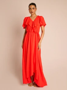 FASHION SZN Đầm maxi nữ kiểu quấn phía trước, xếp ly, tay ngắn, dài, thích hợp cho kỳ nghỉ hè, du lịch, dự tiệc cưới, thanh lịch, sang trọng, gợi cảm, thích hợp cho chuyến đi thành phố, màu cam. - Đỏ - Xem 6