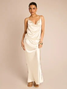 FASHION SZN 女士缎面高领吊带背心，性感派对晚宴优雅场合早午餐时尚夏季穿搭，适合婚礼宾客、假日度假等场合。 - 米色 - 查看 5