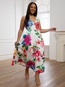 ELLERISSA Robe élégante et élégante à imprimé floral exagéré pour femmes, robe midi blanche à col V et coupe évasée, tenue de soirée, robe de cérémonie, robes grande taille pour femmes, robes pour invitées de mariage, robe fleurie, tenue pour occasions spéciales, robe de demoiselle d'honneur, tenues de vacances - Multicolore - Voir 5