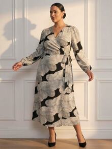 ELLERISSA 大码优雅曲线连衣裙，黑白抽象纹理印花裹身V领系带泡泡袖长袖中长连衣裙，适合职场、约会、度假等场合，是女士曲线连衣裙的理想之选，大码裹身连衣裙，时尚印花中长连衣裙 - 彩色 - 查看 7