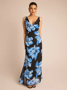 FASHION SZN Womens Strappy Cowl Neck Floral Chiffon Maxi Dress Occasion Elegant Chic Sexy Birthday Party Evening Wedding Guest Holiday Dress Vacation Summer Outfit - Black - View 6