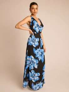 FASHION SZN Womens Strappy Cowl Neck Floral Chiffon Maxi Dress Occasion Elegant Chic Sexy Birthday Party Evening Wedding Guest Holiday Dress Vacation Summer Outfit - Black - View 5