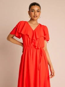 FASHION SZN Đầm maxi nữ kiểu quấn phía trước, xếp ly, tay ngắn, dài, thích hợp cho kỳ nghỉ hè, du lịch, dự tiệc cưới, thanh lịch, sang trọng, gợi cảm, thích hợp cho chuyến đi thành phố, màu cam. - Đỏ - Xem 3