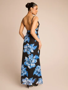 FASHION SZN Womens Strappy Cowl Neck Floral Chiffon Maxi Dress Occasion Elegant Chic Sexy Birthday Party Evening Wedding Guest Holiday Dress Vacation Summer Outfit - Black - View 2