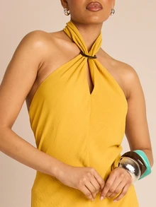 FASHION SZN Đầm maxi không tay cổ yếm, viền ren, khoét lỗ dành cho nữ, thích hợp cho kỳ nghỉ, du lịch, tiệc tối, thanh lịch, gợi cảm, mùa hè, đám cưới, dự tiệc. - Màu vàng - Xem 4