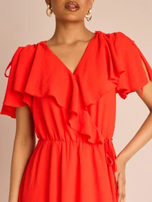 FASHION SZN Đầm maxi nữ kiểu quấn phía trước, xếp ly, tay ngắn, dài, thích hợp cho kỳ nghỉ hè, du lịch, dự tiệc cưới, thanh lịch, sang trọng, gợi cảm, thích hợp cho chuyến đi thành phố, màu cam. - Đỏ - Xem 5