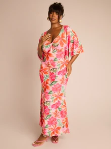 FASHION SZN Robe midi femme grande taille à imprimé floral avec torsade à l'avant et maille. Robe d'été élégante et sexy pour vacances, soirée, mariage, avec un tissu confortable et extensible. Robe longue ample et chic pour femmes rondes, idéale pour les voyages à Ibiza. - Multicolore - Voir 6
