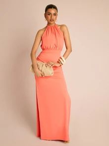 FASHION SZN 女士露背系带修身长款连衣裙，适合婚礼宾客、夏季度假等场合，也可作为晚礼服、亮色太阳裙、长款露背性感优雅时尚的生日派对或伊比沙岛旅行礼服。 - 橘色 - 查看 6