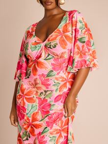 FASHION SZN Robe midi femme grande taille à imprimé floral avec torsade à l'avant et maille. Robe d'été élégante et sexy pour vacances, soirée, mariage, avec un tissu confortable et extensible. Robe longue ample et chic pour femmes rondes, idéale pour les voyages à Ibiza. - Multicolore - Voir 4