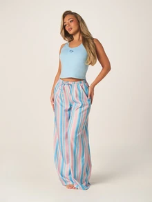 MISSGUIDED 女士两件套睡衣套装，浅蓝色刺绣背心搭配条纹阔腿裤，家居服睡衣家居休闲套装 - 彩色 - 查看 6
