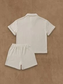 SUMWON Boys Ribbed Crochet Knit Polo Shirt And Matching Shorts Coordinated Summer Set With Button Placket - Beige - View 2