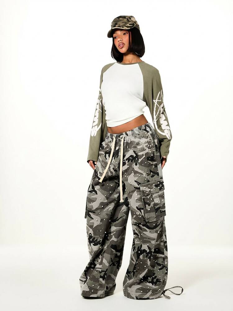 SUMWON WOMEN Women Low Rise Camo Cargo Pants With Rhinestone Pearl Details Wide Leg Parachute Trousers Festival Streetwear