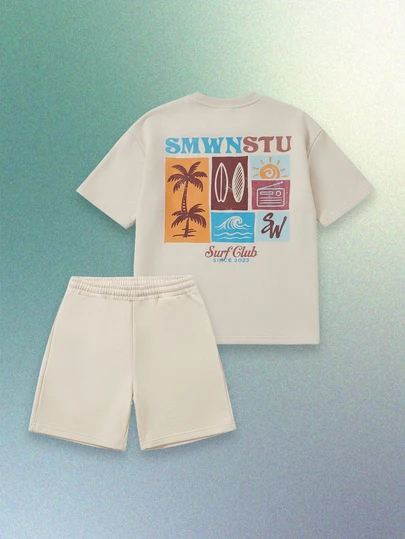SUMWON Bộ áo thun và quần short rộng thùng thình dành cho bé trai, họa tiết câu lạc bộ lướt sóng, in hình cây cọ, thích hợp cho kỳ nghỉ hè ở bãi biển, trang phục thường ngày cho trẻ em tuổi teen.