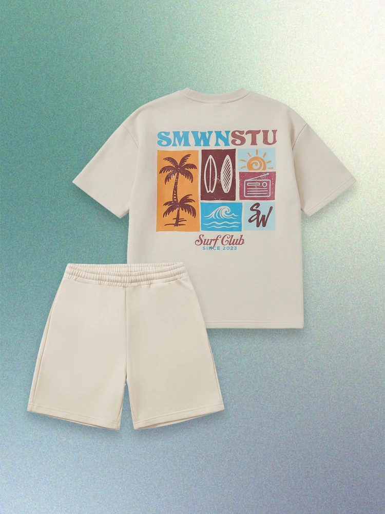 Zestaw koszulek i spodenek Surf Club dla chłopców w dużym rozmiarze z nadrukiem graficznym palmy, letnie wakacje na plaży, swobodny strój dla nastolatków