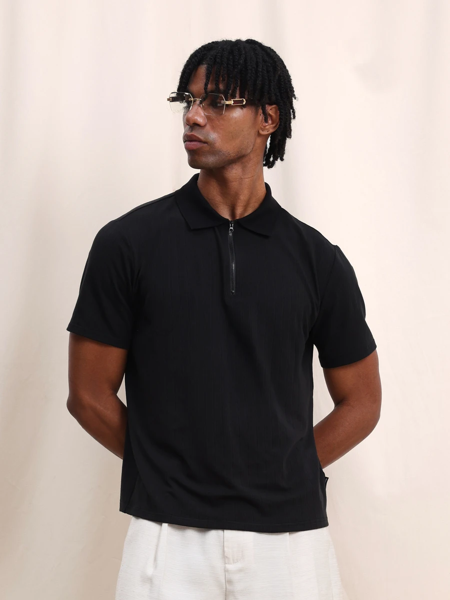 SUMWON Men's Collared Zip Front Short Sleeve Polo Shirt With Quarter Zip Closure Regular Fit Casual Spring Summer Top - Black - View 1