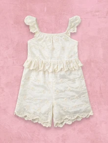 SUMWON Girls Broderie Anglaise Smocked Romper With Ruffle Sleeves Eyelet Embroidered Summer Playsuit White - White - View 1