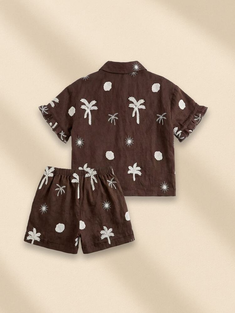 Girls Embroidered Tropical Palm Tree And Seashell Short Sleeve Ruffle Shirt With Matching High Rise Shorts Co-Ord Set Summer Vacation Beach