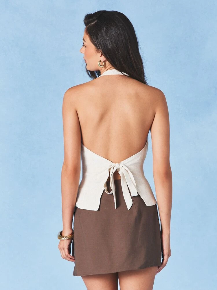 Halter Neck Linen Top With Tie Back