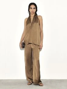 KSTM Bộ đồ hai mảnh dành cho nữ, gồm áo cổ yếm và quần ống rộng, kiểu dáng thoải mái, thích hợp mặc ở nhà vào mùa hè. - màu nâu - Xem 3