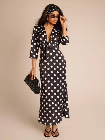 FASHION SZN Womens Tie Front Polka Dot Monochrome Midi Dress Elegant Chic Sexy Occasion Dress Holiday Dress For Women Summer Vacation Wedding Guest Dress Plunge Neck Black Spot