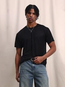 SUMWON 男士黑色网眼纹理短袖圆领T恤，常规版型，休闲夏季上衣，基础款T恤 - 黑色 - 查看 1