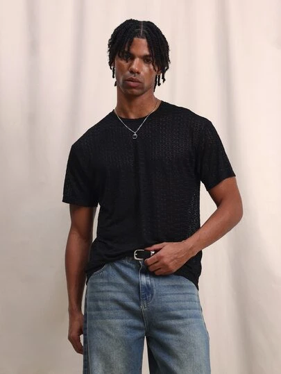 SUMWON 男士黑色网眼纹理短袖圆领T恤，常规版型，休闲夏季上衣，基础款T恤