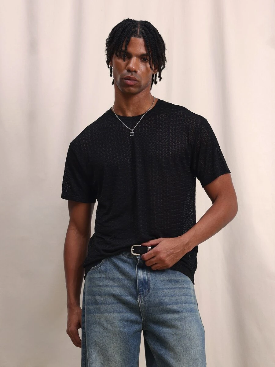 SUMWON 男士黑色网眼纹理短袖圆领T恤，常规版型，休闲夏季上衣，基础款T恤 - 黑色 - 查看 1