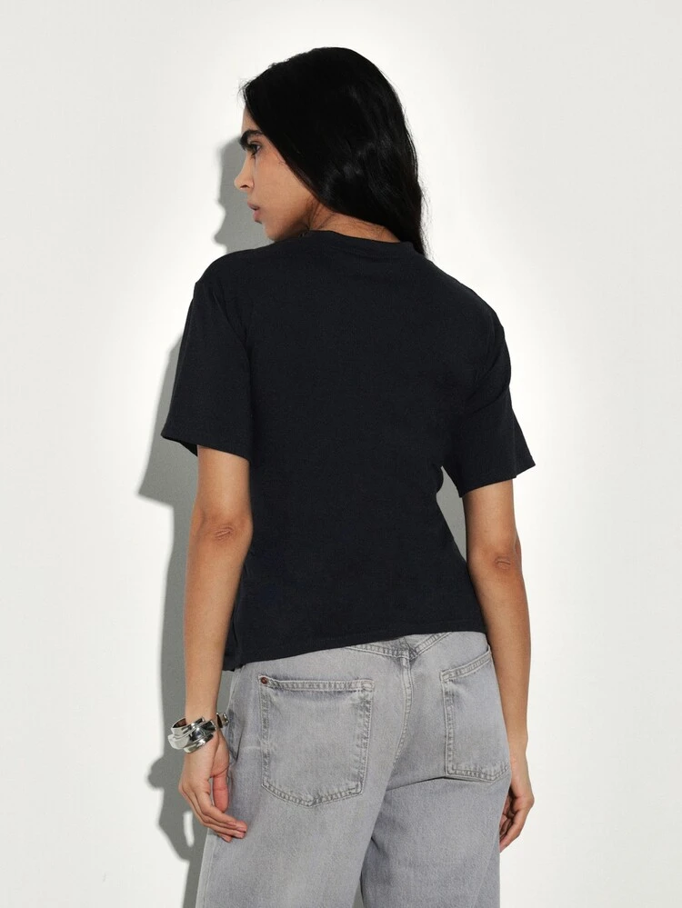 KSTM T-shirt court à manches courtes avec nœud pour femmes, col rond, coupe regular, Top décontracté