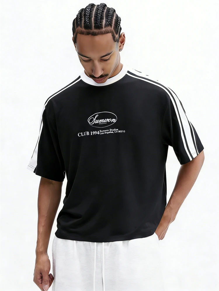 Men's Vintage Style Crew Neck Short Sleeve T-Shirt With Retro Club 1994 Los Angeles Print And Contrast Striped Sleeves, Oversize T Shirt Men, Brand T Shirt, Racing Tshirt