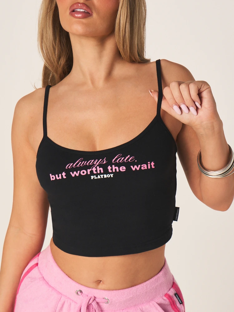 Missguided x Playboy Slogan Cami Top Black Adjustable Straps Worth The Wait Print Crop Tank Summer Party