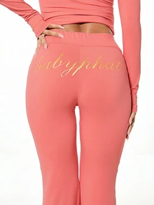 BABYPHAT Women's Flare Leggings With Gold Glitter Script Print Jersey Stretchy Wide Leg Pants For Casual Everyday - Coral Orange - View 1