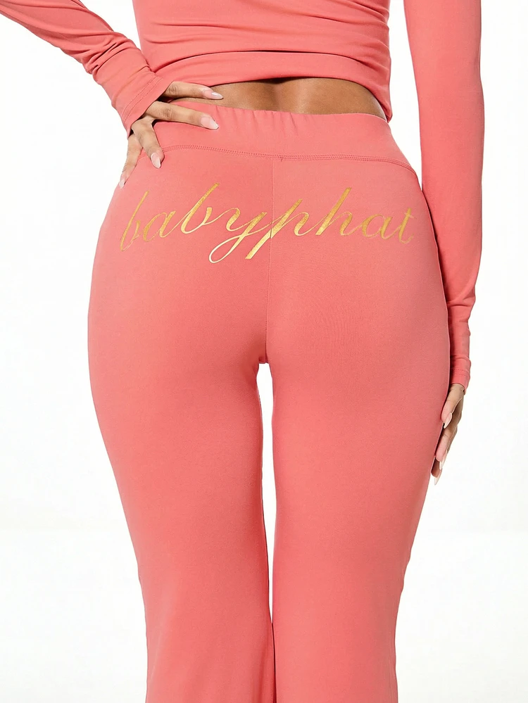 BABYPHAT Women's Flare Leggings With Gold Glitter Script Print Jersey Stretchy Wide Leg Pants For Casual Everyday