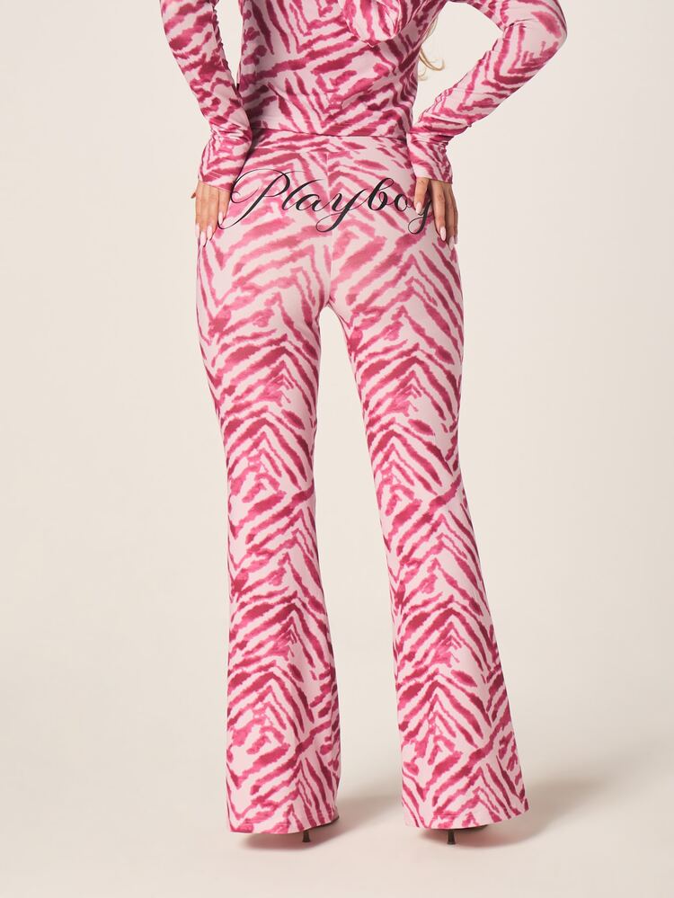 Missguided x Playboy Tiger Print Low Waisted Flared Pants Women's Pink Animal Print Wide Leg Trousers Casual Y2K Retro Fashion Bottom