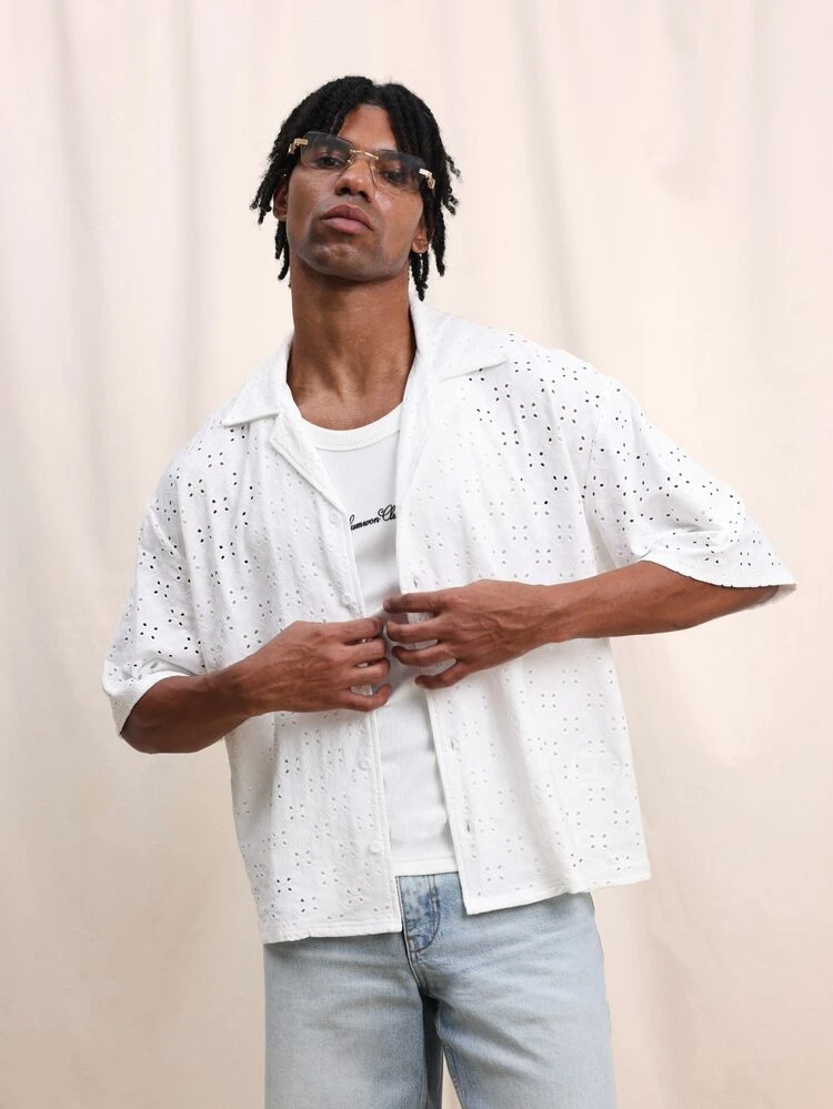 Men's White Perforated Short Sleeve Button Down Shirt With Eyelet Details Summer Casual Collared Top Regular Fit, Boxy Shirt Men, Men S Summer Shirt, Blouse For Men