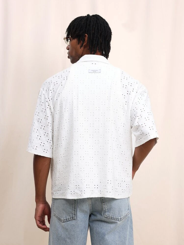 Men's White Perforated Short Sleeve Button Down Shirt With Eyelet Details Summer Casual Collared Top Regular Fit, Boxy Shirt Men, Men S Summer Shirt, Blouse For Men