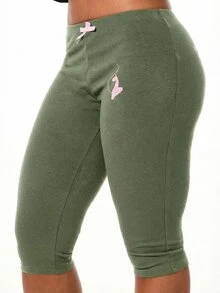 BABYPHAT 女士七分紧身裤，后部印花，侧边图案，中长罗纹 - 軍綠色 - 查看 2