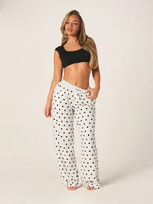 MISSGUIDED Quần dài nữ màu đen chấm bi, cạp chun, dáng rộng thoải mái, thích hợp mặc nhà, kiểu pajama. - trắng - Xem 2