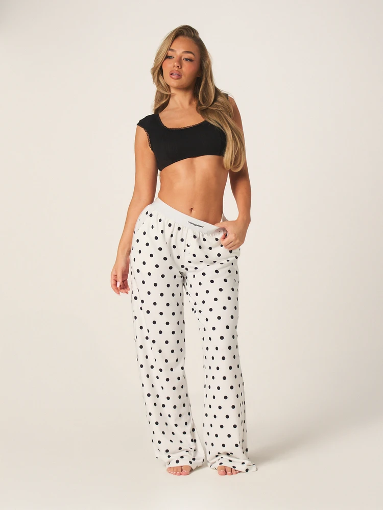 MISSGUIDED Women's Black Polka Dot Elastic Waistband Lounge Pants Relaxed Fit Casual Sleepwear Pajama Bottoms Comfortable Wide Leg Pants