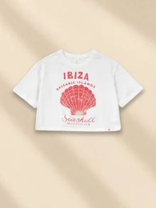 SUMWON Flickors tvådelade grafiska snäckskalstryckta crop top med vida ben och byxor, sommar och strand, set med set - Vitt - Visa 3