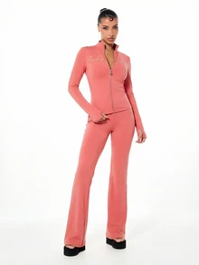 BABYPHAT Women's Flare Leggings With Gold Glitter Script Print Jersey Stretchy Wide Leg Pants For Casual Everyday - Coral Orange - View 3