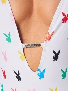 Missguided x Playboy 女士兔女郎印花超深V露背连体泳衣，侧边系带设计，肩带可调节，适合海滩度假夏季穿着 - 白色 - 查看 5