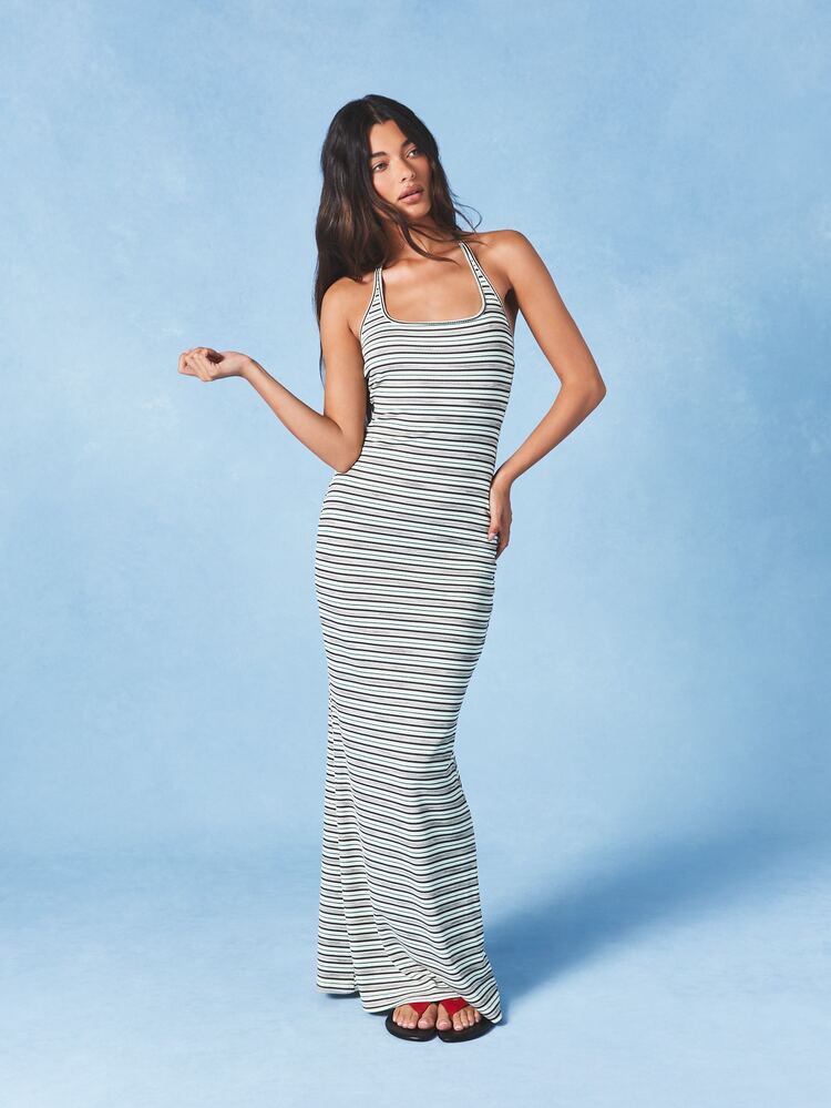 AiiRZ Striped Halter Neck Sleeveless Maxi Dress Summer Long Beach Resort Casual Floor Length Ribbed Bodycon Women Fitted Dress