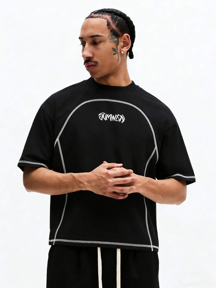 SUMWON Men's Black Oversized Tee With Contrast Stitching And Logo Print Streetwear Urban Casual Short Sleeve - Black - View 1