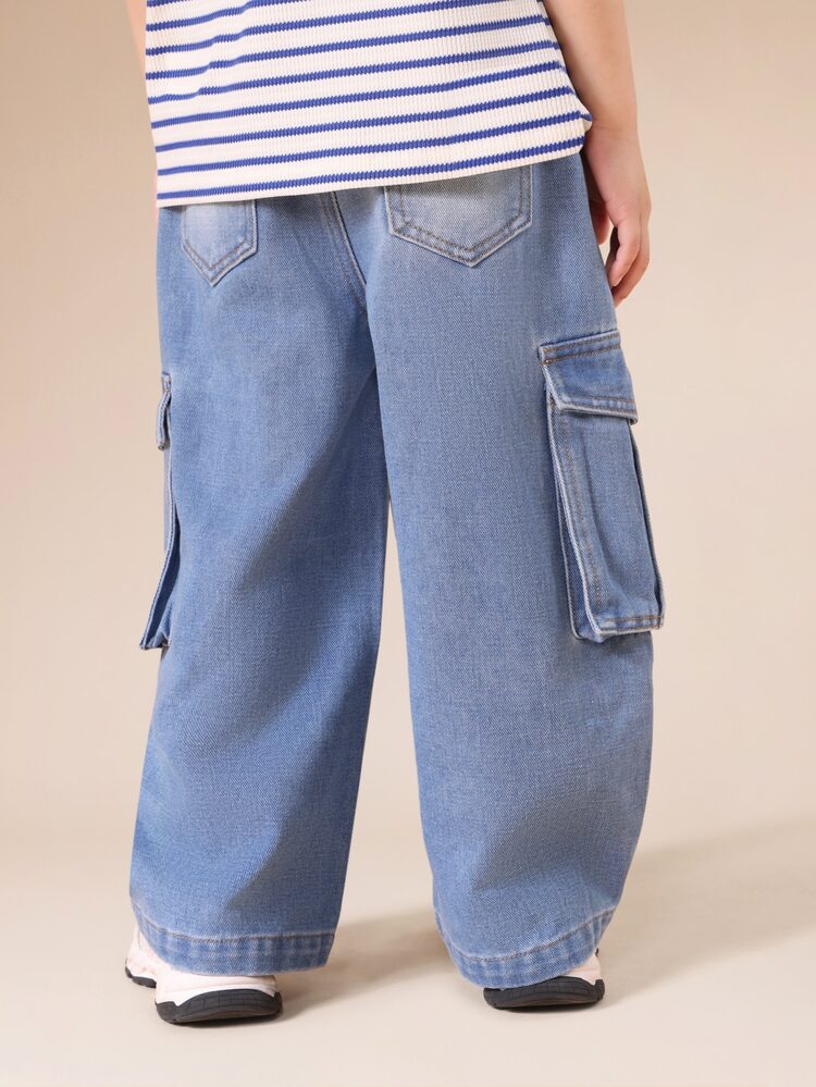 Boys Wide Leg Barrel Cargo Jeans With Multiple Side Pockets Drawstring Waist Light Wash Denim Streetwear