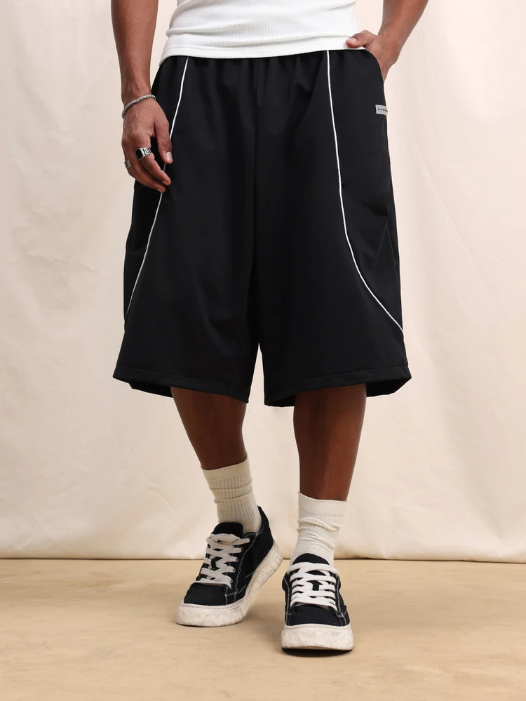 Men's Black Loose Fit Track Pants With White Contrast Piping Side Pockets Elastic Waistband Casual Streetwear Jogging Bottoms